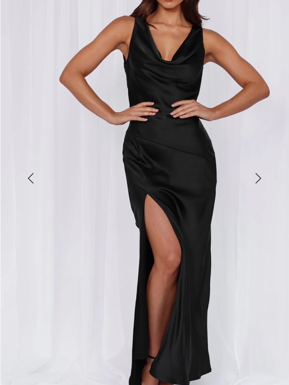 Hello Molly Black Satin Cowl Neck Maxi Dress with High Side Slit